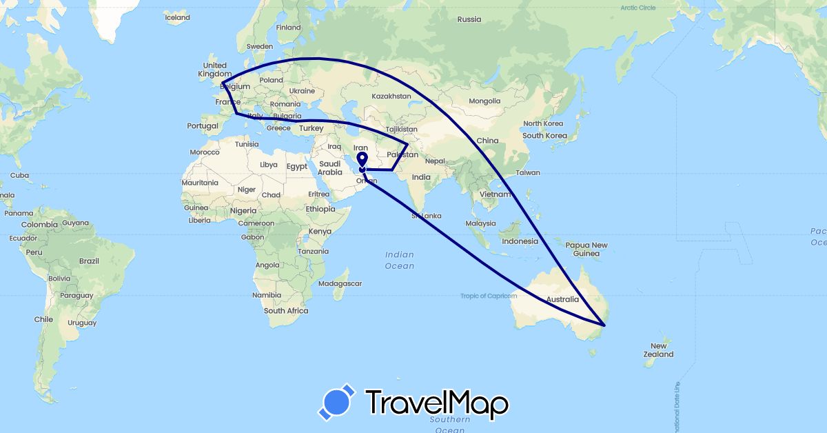TravelMap itinerary: driving in United Arab Emirates, Australia, Azerbaijan, France, United Kingdom, Italy, Oman, Pakistan, Turkey (Asia, Europe, Oceania)